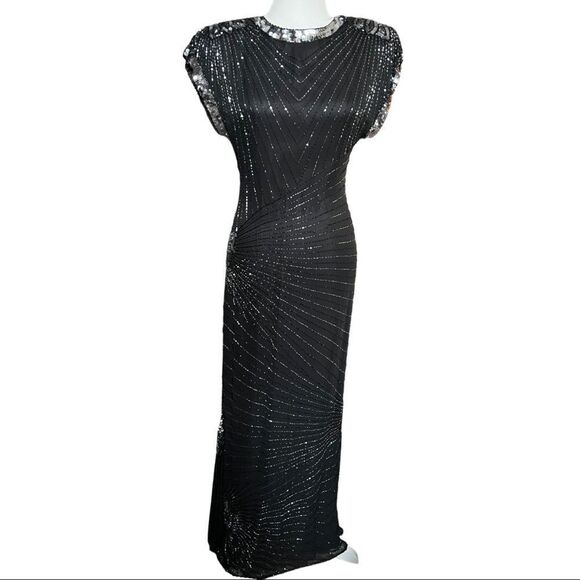 NWT Vintage BlackBeaded Long Evening Gown Cap Drape Sleeve Shoulder Pads Size 4 - Picture 2 of 16